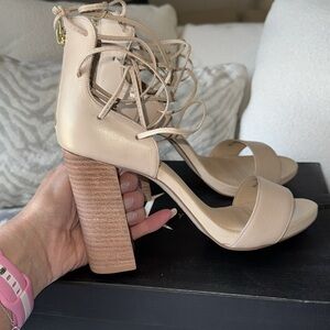 LFL by Lust for life tan nude leather block ankle zip lace up heels sandals 8